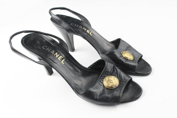 Vintage Chanel Heel Shoes Women's US 8.5 leather authentic made in Italy black classic luxury shoes