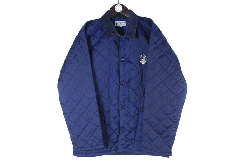 Vintage Maserati Quilted Jacket Large navy blue snap buttons 90s retro sport car luxury authentic auto sport jacket