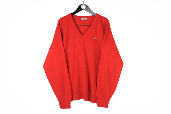 Vintage Lacoste Sweater XXLarge red made in France bright 90s v-neck pullover retro jumper