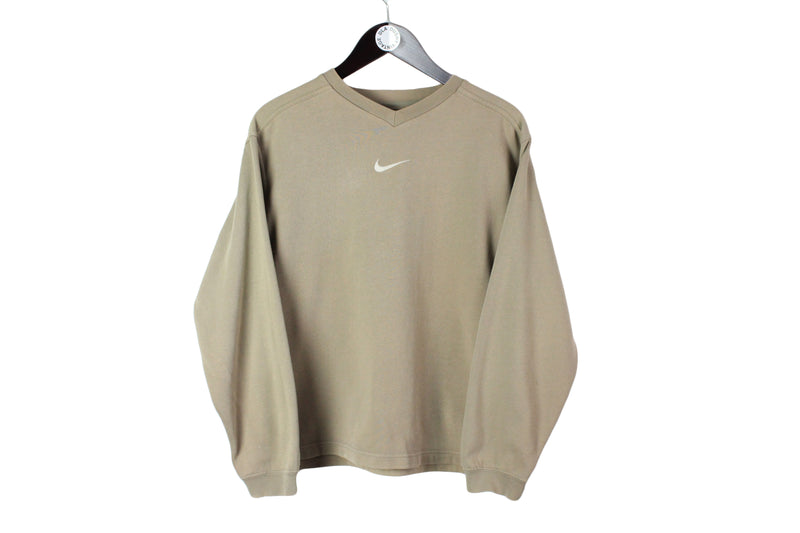 Vintage Nike Sweatshirt Women's Small size v-neck pullover classic basic beige brown streetstyle long sleeve central logo swoosh USA brand 