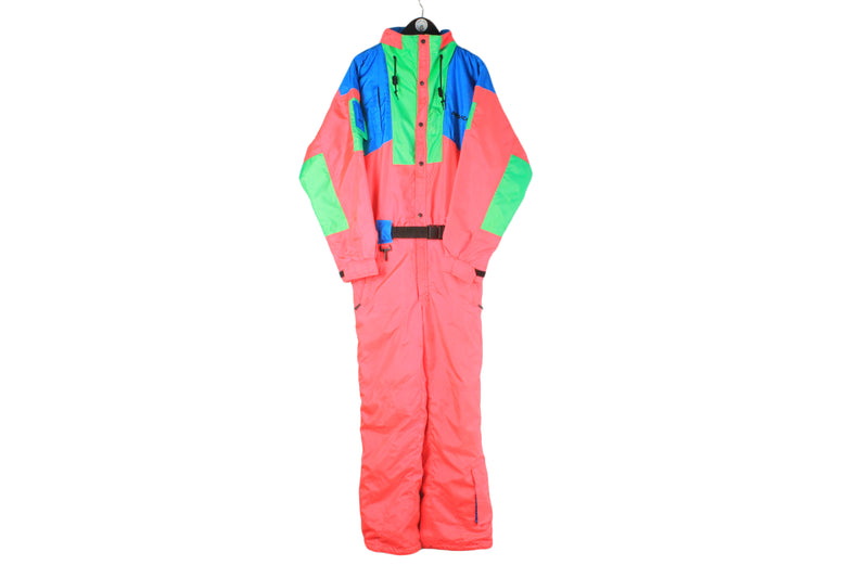 Vintage Nevica Ski Suit Large pink green 90s sport style coveralls jumpsuit ski mountains jacket