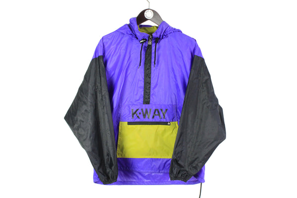 vintage K-WAY Anorak rain Coat oversized men's Size M blue windbreaker authentic Jacket 90s 80s retro hipster outdoor half zip streetwear