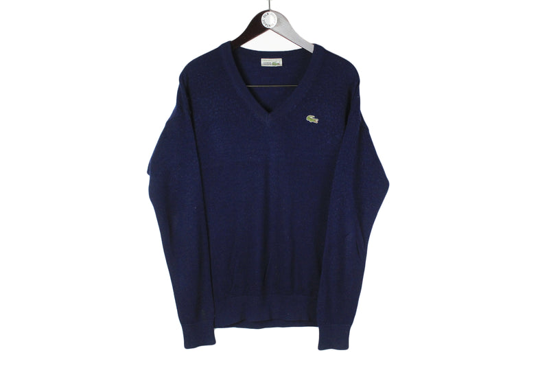 Vintage Lacoste Sweater Large navy blue 90s retro style v-neck made in France pullover casual jumper