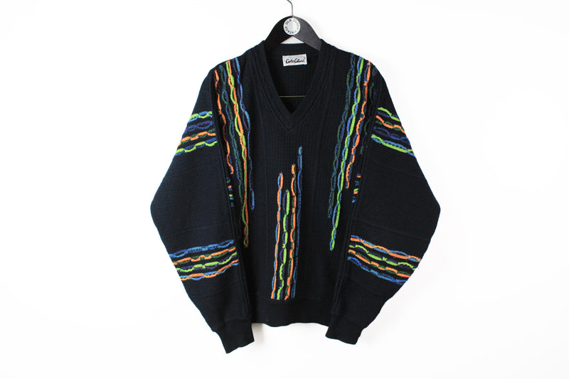 Vintage Carlo Colucci Sweater Large black multicolor 3d pattern Africa ornament 90s retro Deep V-neck jumper