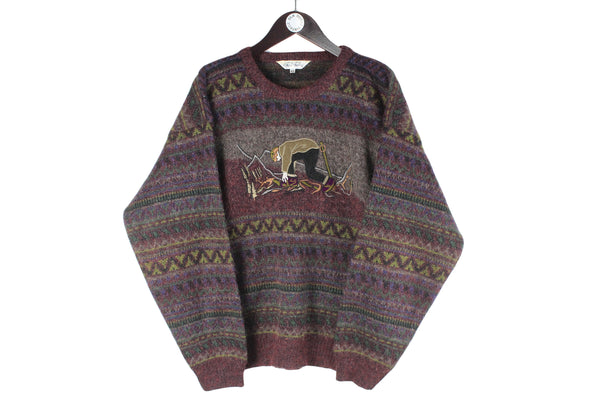 Vintage Alpinism Embroidery Logo Sweater Large human mountains trekking purple abstract pattern pullover 80s 90s