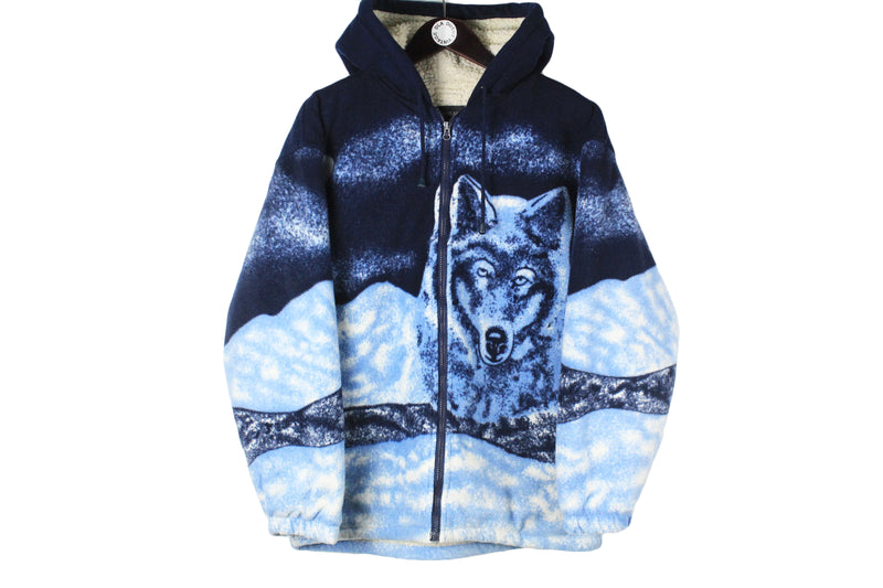 Vintage Wolf Fleece Hoodie Full Zip Large 90s retro style blue animal pattern wild print sweater outdoor