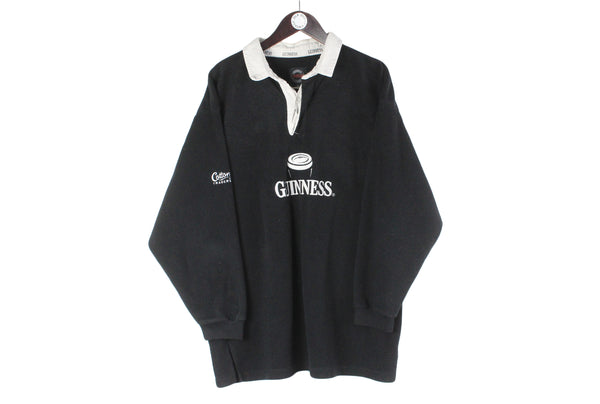 Vintage Guinness Fleece Rugby Shirt XLarge black big logo 90s 00s stout retro beer sweater long sleeve shirt