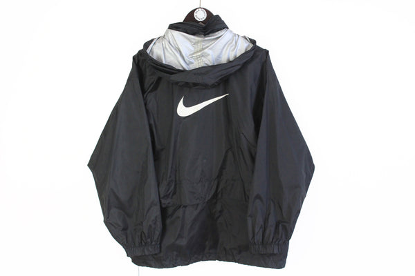 Vintage Nike Jacket Large black big swoosh logo oversize 90's style windbreaker hooded