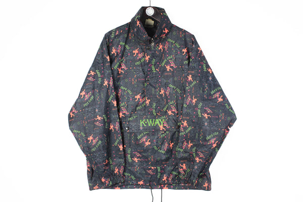 Vintage K-Way Anorak Jacket XLarge size men's rainresist big pocket full pattern bright acid streetwear 