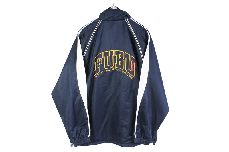 vintage FUBU Sports authentic big logo Jacket Size L/XL men's dark blue large oversized hip hop rave retro hipster rare 90s 80s heritage vtg