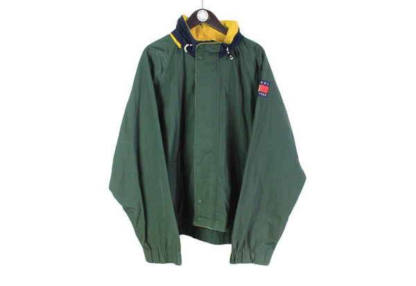 vintage TOMMY HILFIGER logo light Jacket Size XL men's green hood raincoat windbreaker bright colorway hipster rare 90s 80s lightwear
