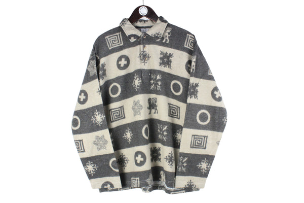 Vintage Fleece 1/4 Zip Large gray abstract pattern 90s retro sweater sport style ski jumper