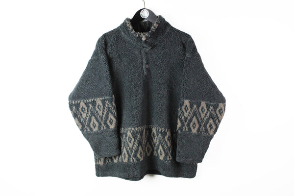 Vintage Fleece 1/4 Zip Small gray abstract pattern 90s ski style cozy sweater