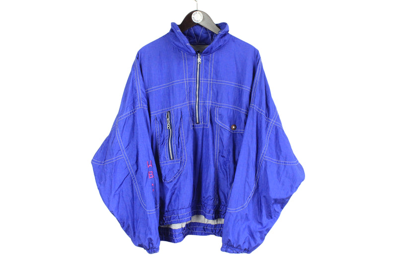 vintage BOGNER blue men's Anorak Jacket Size 54 L/XL authentic retro pattern ski logo hipster multipocket half zip oversized coat lace 90s