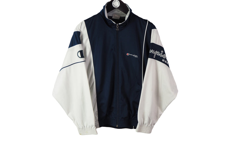 Vintage Champion Track Jacket Small blue white 90's big logo retro windbreaker