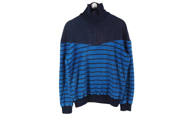 Vintage Adidas Sweatshirt 1/4 Zip Large made in West Germany bathrobe fabric 80's jumper blue striped pattern