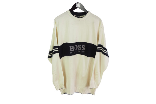 Vintage Hugo Boss Bootleg Sweater XXLarge white big logo 90's pullover retro jumper