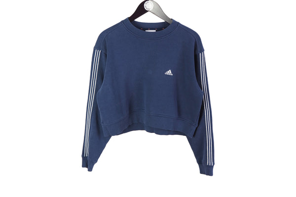Vintage Adidas Cropped Sweatshirt Women's Large / XLarge blue classic 3 stripes 90s sport jumper crewneck