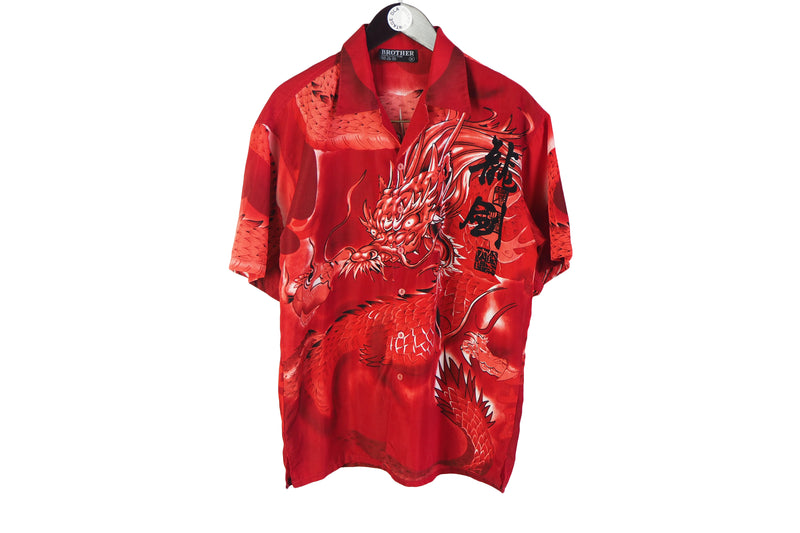 Vintage Japan Style Hawaii Shirt Medium dragon Asia big logo red wild style Japanese 90's shirt