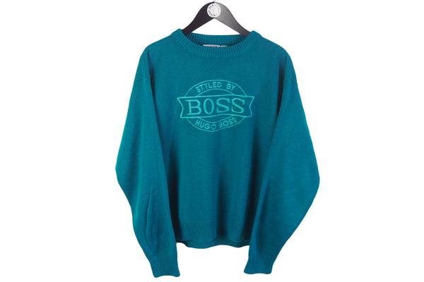 Vintage Hugo Boss Sweater Large green big embroidery logo pullover 80s sports jumper