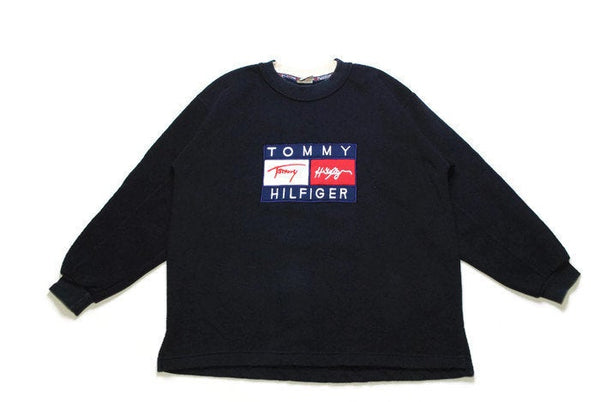 vintage TOMMY HILFIGER big logo sweatshirt Size S/M men's navy blue rare retro rave hipster clothing hip hop wear streetwear 90s 80s sport