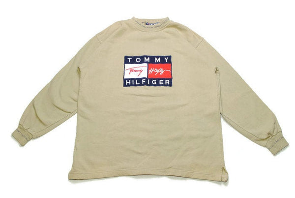 vintage TOMMY HILFIGER big logo sweatshirt Size L men's beige rare retro rave hipster clothing hip hop wear streetwear 90s 80s sport tommy