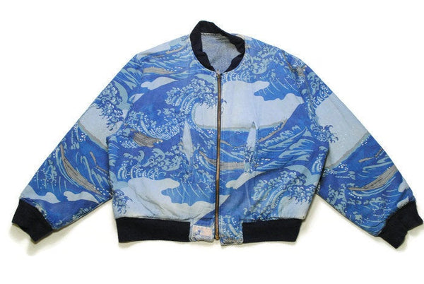 vintage KENZO women's jacket SIZE M/L authentic big logo wave jeans denim oversized pattern print blue Abstract art 80s 90s bomber zipped