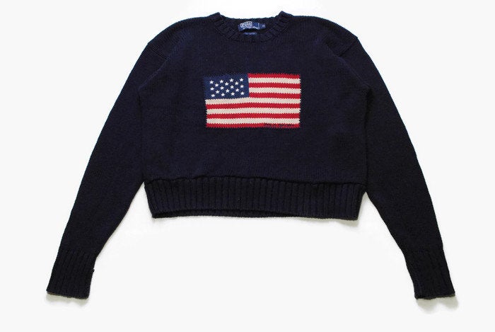vintage POLO Ralph Lauren big logo flag USA navy blue sweater Size L/XL womens long sleeve rare retro overized knitted authentic hipster 90s
