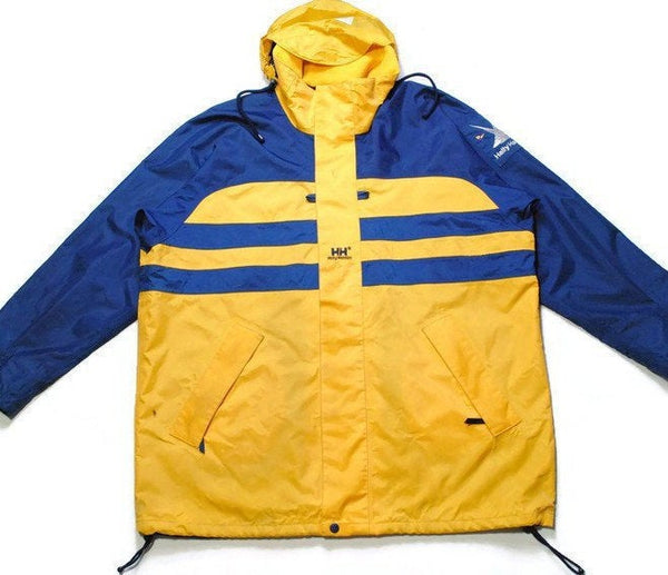 vintage HELLY HANSEN men's raincoat Jacket SIZE L yellow/blue coat rains 90s 80s retro rare hipster autumn logo long sleeve hood pockets hh