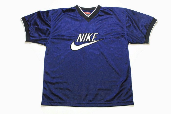 vintage NIKE big logo authentic T-Shirt navy blue polyester athletic tee retro 90s 80s rare Size XL sport outfit top rave hip hop style USA