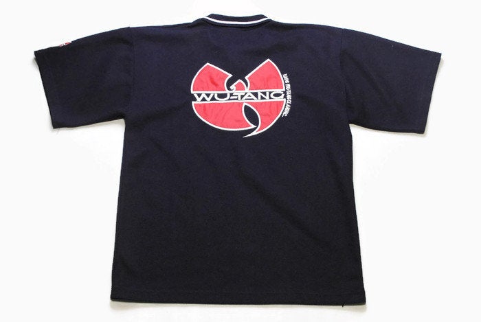 vintage WU TANG CLAN polo t shirt Size L/Xl authentic rare retro tee hip hop style outfit 90s gold n edge era Wu Wear navy blue big logo 80s