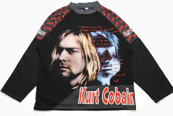 vintage KURT COBAIN bootleg sweatshirt 90s Nirvana unisex Size L oversized big logo rare retro long sleeve shirt black mens Crazy print vntg