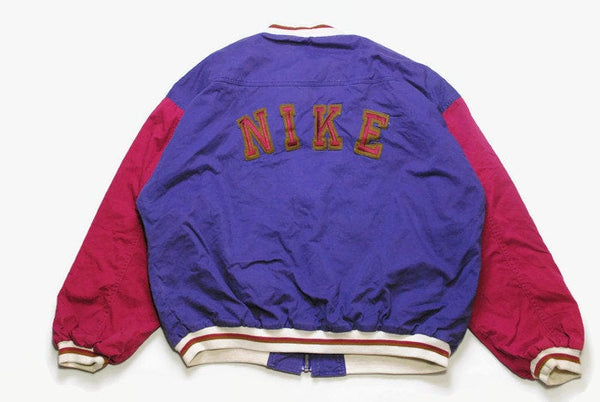 vintage NIKE big logo Bomber cotton mens Size L authentic rare retro hip hop athletic outfit 90s 80s purple red USA streetwear acid hipster
