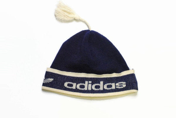 vintage ADIDAS ORIGINALS retro knitted wool hat collectable ski sport hipster made in Western Germany authentic navy blue beige 80s wear cap