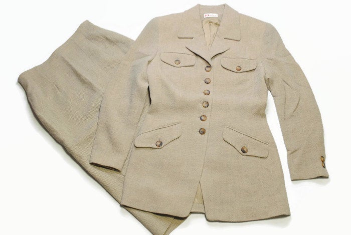 vintage KL by KARL LAGERFELD authentic womens Suit Blazer Jacket and Skirt beige long sleeve retro style Size 38 made in Germany 90s 80s vtg