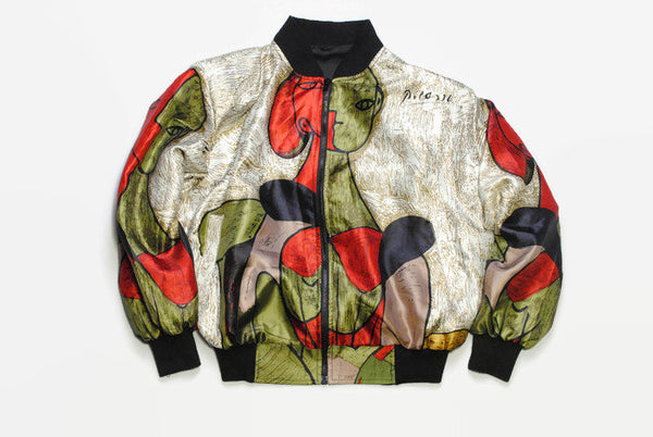 vintage PICASSO authentic Bomber Jacket print classic long sleeve retro style Size M womens 90s 80s luxury outfit zip blazer silk style vtg