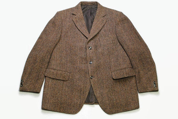 vintage HARRIS TWEED x Hirmer Munchen authentic Blazer Jacket Pure new Wool retro style Size M/L brown 90s 80s luxury outfit button up men's