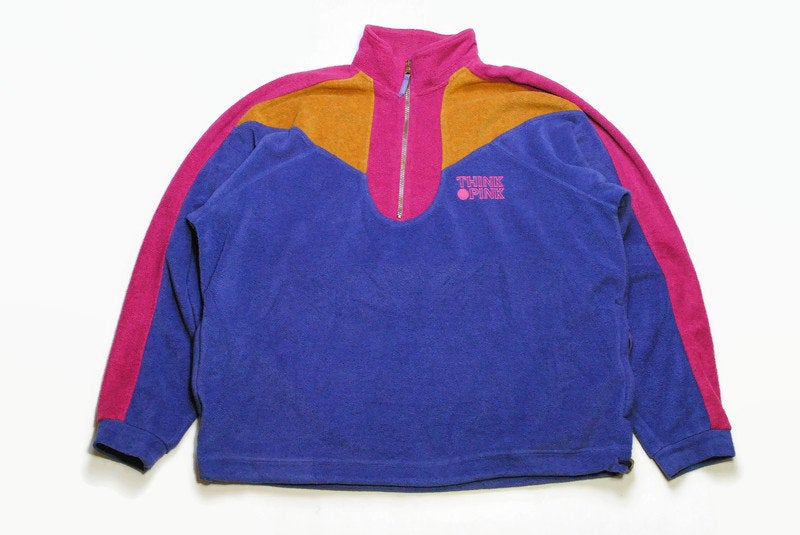 vintage THINK PINK FLEECE oversized mens Size xl blue authentic sweater acid 90s rare retro hipster winter rave outdoor streetwear purple