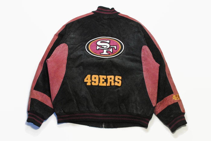 vintage 49ERS San Francisko NFL big logo red/black Leahter Bomber Jacket authentic team wear sport light track zipped clothing 90s 80s vntg