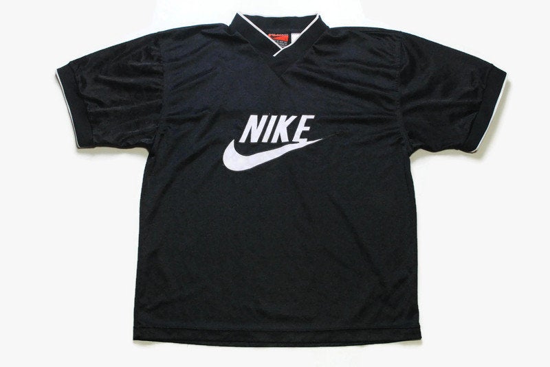 vintage NIKE Premier big logo authentic T-Shirt black polyester athletic tee retro 90s 80s rare Size L sport outfit top rave hip hop style