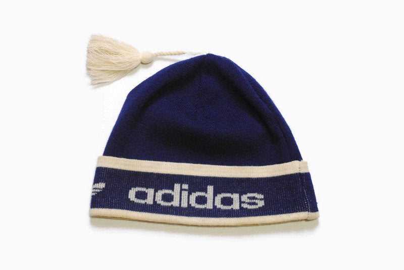 vintage ADIDAS ORIGINALS retro knitted wool hat collectable ski sport hipster made in West Germany authentic navy blue beige 80s wear cap