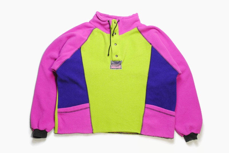 vintage FLEECE Multicolor acid colorway Size M retro hipster wear mens 90s 80s sweater green purple abstract pattern rave outfit half zipped