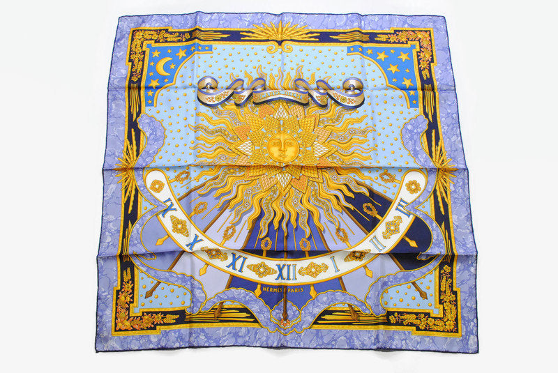 HERMES Paris CARPE DIEM 100% Silk scarf France Blue by Joachim Metz print gold sun watch rare pattern authentic Shawl retro style Vintage
