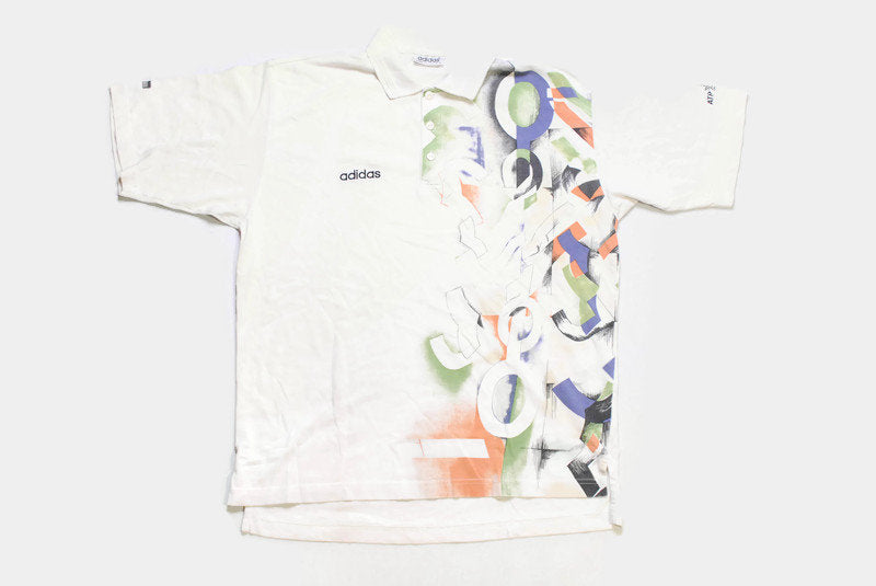 vintage ADIDAS ATP TOUR Tennis polo T-Shirt white abstract pattern Size M men's authentic rare 90's 80's hipster retro oversize summer tee