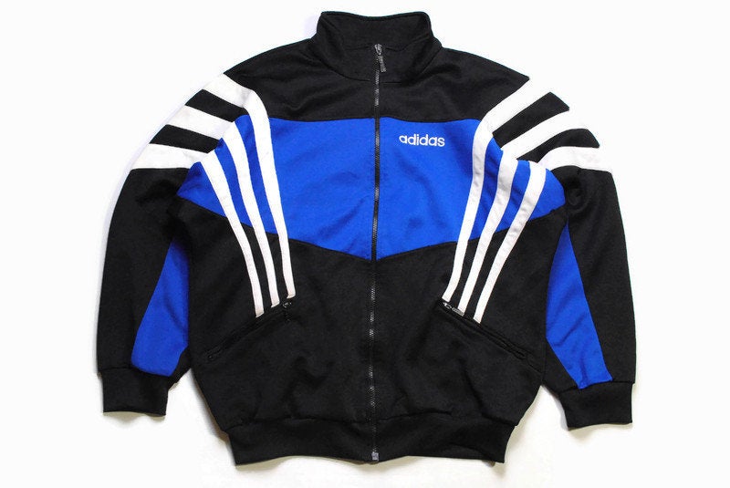 vintage ADIDAS men's track jacket Size L authentic bomber black blue rare retrorave hipster zipped classic trackjacket suit 90s 80s sport
