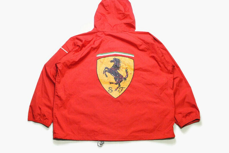vintage FERRARI Michael Schumacher 1998 Jacket Size XXL red authentic race team zip rare retro 90s big logo F1 Formula 1 coat raincoat hood