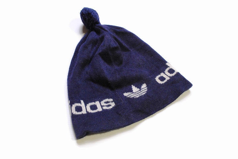 vintage ADIDAS ORIGINALS retro knitted hat collectable ski sport cotton acrylic hipster made in Western Germany authentic navy blue 80s wear