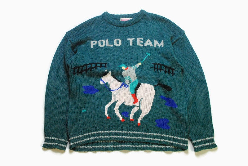 vintage POLO TEAM BROADWAY authentic sweater rare retro men's clothing hipster 90s 80s green horse and rider cardigan sweatshirt jumper wear