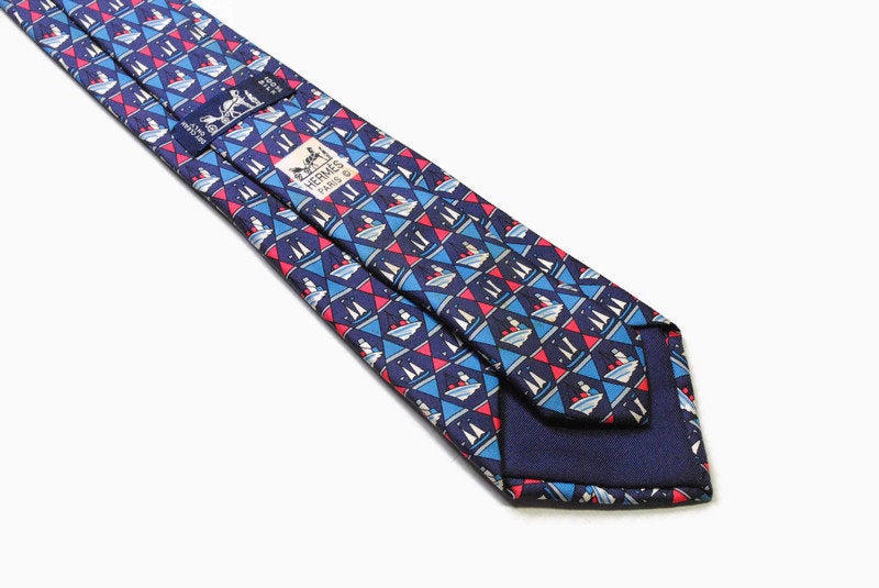 vintage HERMES men's 100% silk Tie made in FRANCE necktie 7290 EA boat print retro rare beautiful pattern print red blue luxury men's gift