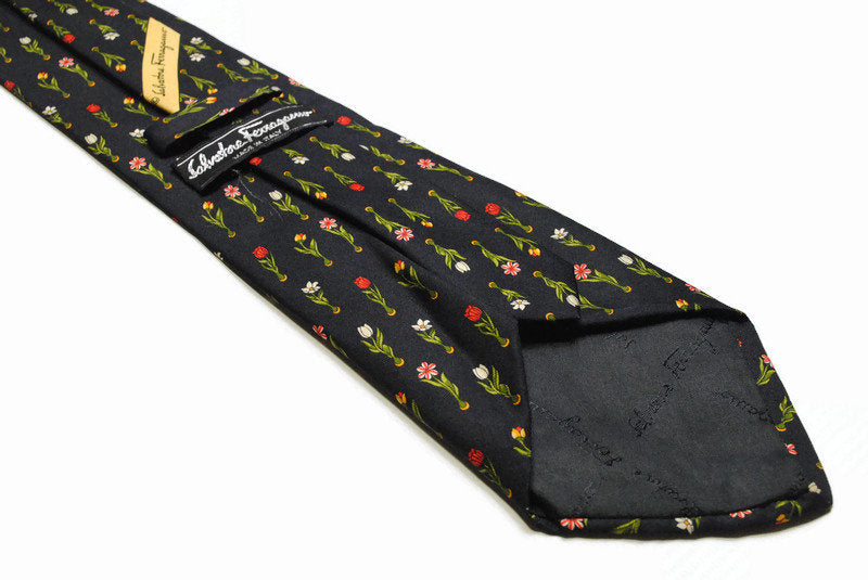 vintage SALVATORE FERRAGAMO black floral 100% silk Tie made in Italy necktie beautiful pattern print luxury gift for men suit accessories